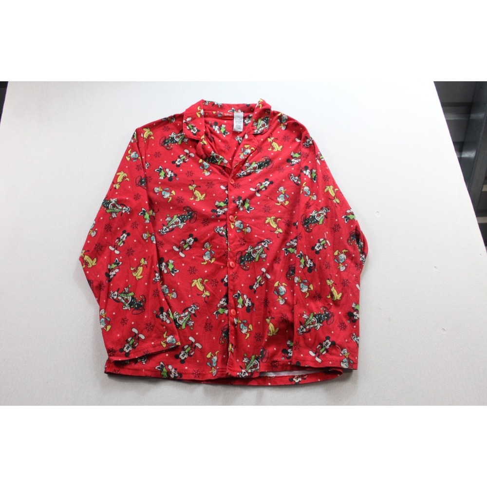 Disney Pajama Shirt Women Medium Red Excellent Christmas Mickey Mouse Flannel - Picture 1 of 8